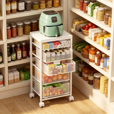 5-Tier Kitchen Storage Cart with Wheels, Metal Wire Pantry Organizer with Pull-Out Drawers, Wooden Top Fruit and Vegetable Cart for Onion Potato Snack, Rolling Utility Cart for Kitchen Living Room, White