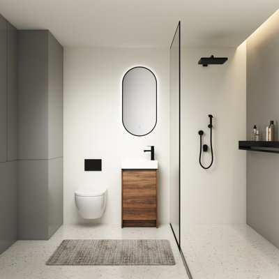 Meuble-lavabo autoportant de 18 pouces avec lavabo simple. Armoire à portes à fermeture douce. Lavabo en céramique. Assemblage sans couture de l'armoire de 18 po en contreplaqué brun ébène pour les petites salles de bain.