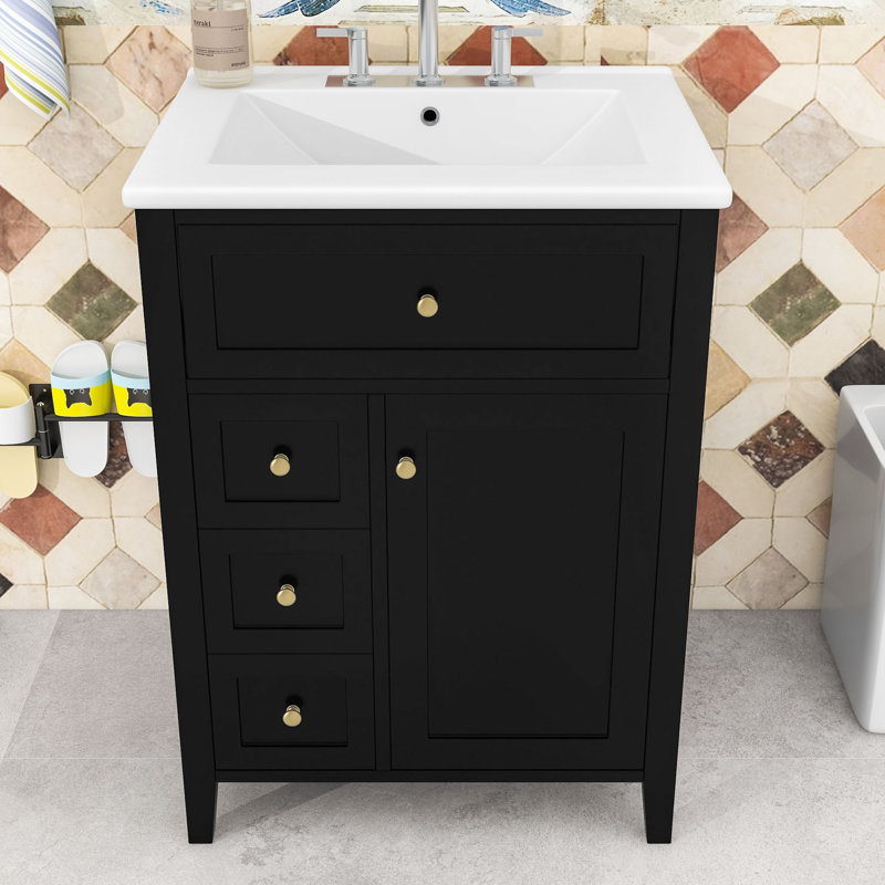 24-Inch Bathroom Vanity with Ceramic Sink, Adjustable Shelves and 4 Drawers, Black