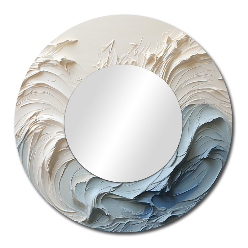 White And Blue Wave Papercut Style - Waves Unique Wall Mirror Decor, Coastal Large Round Mirror, Printed Metal Art, 29" x 29"