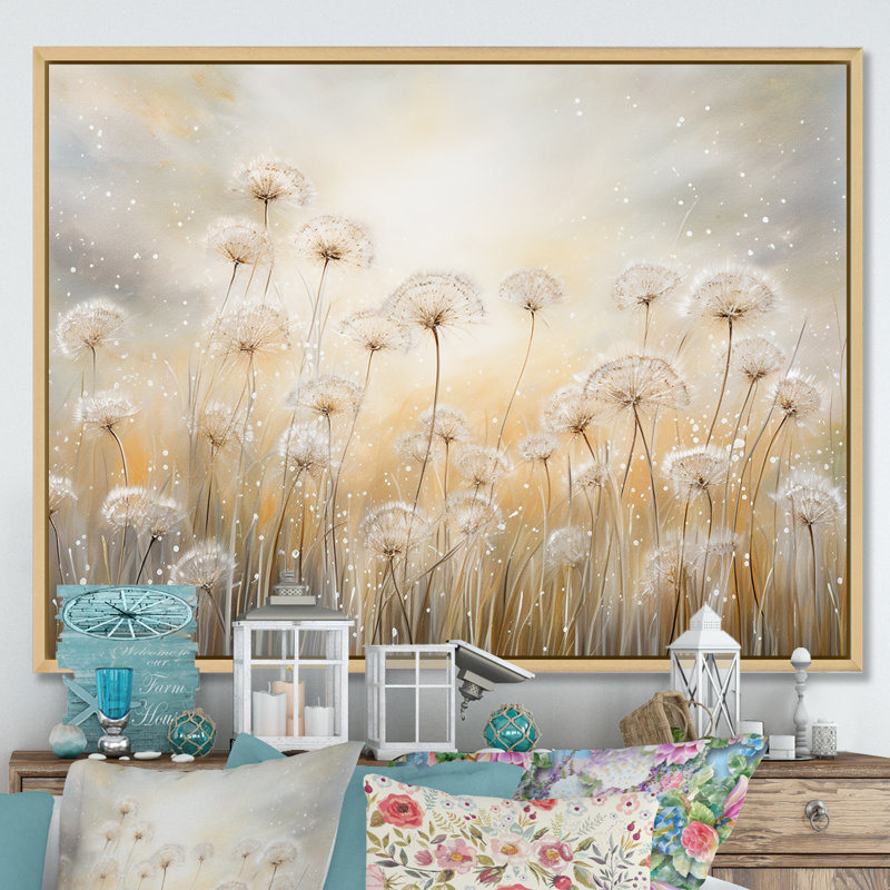 Dandelion Field Breeze - Flower Field Wall Art, Floater Framed Print, 34" H x 44" W, Natural