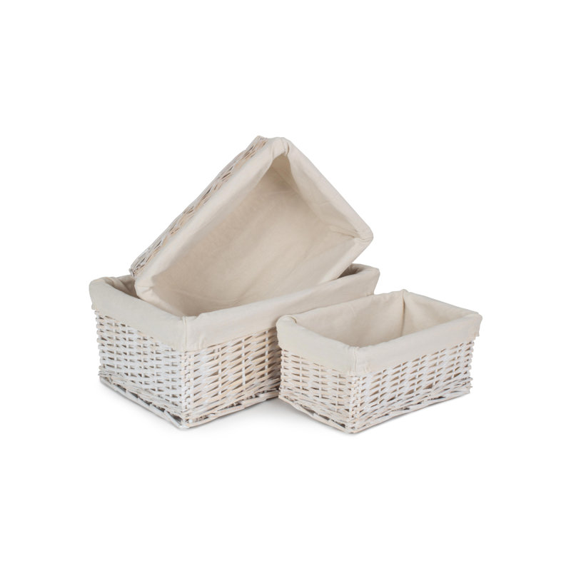 Wicker Lined Storage Basket Set 3, White Wash