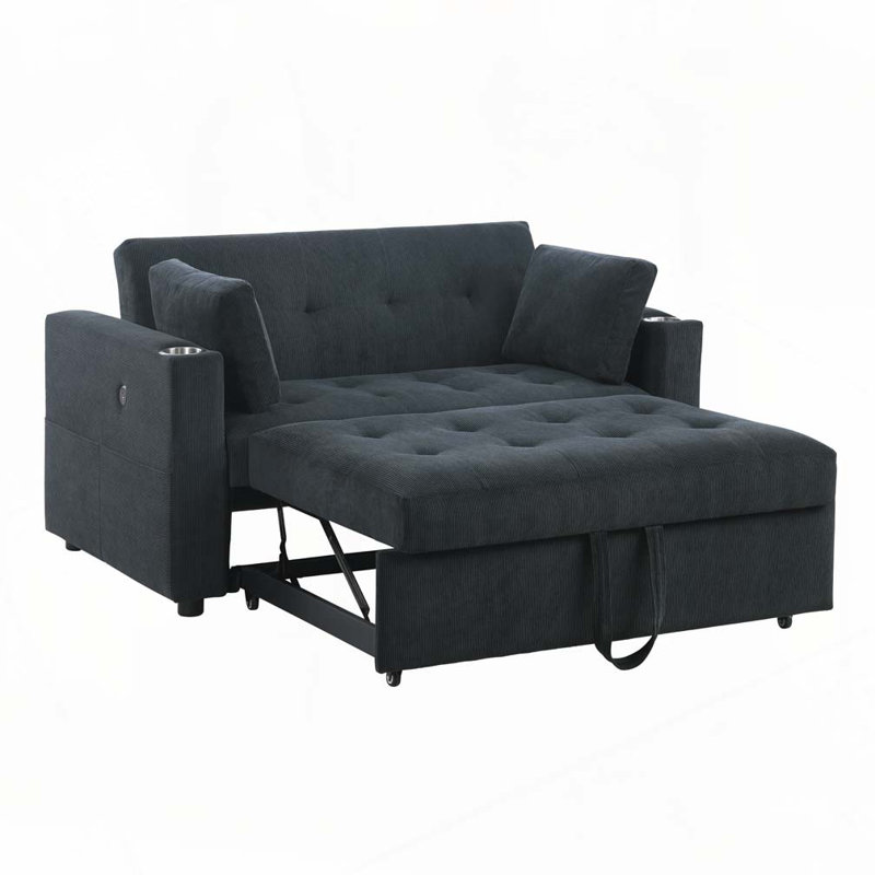 Causeuse convertible en velours côtelé avec porte-gobelets, ports USB, Noir