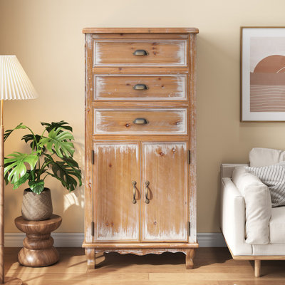 Armoire de rangement rustique en bois avec porte découpée décorative et 3 tiroirs, grand organisateur étroit pour le salon, la chambre à coucher