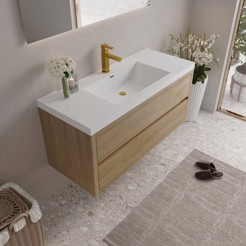 Meuble-lavabo mural 48 po avec lavabo, meuble de rangement flottant avec comptoir en résine de pierre et tiroirs à fermeture en douceur, chêne naturel entièrement assemblé