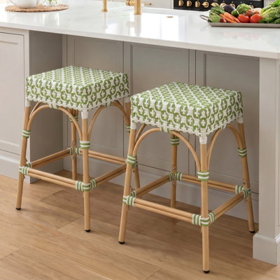 Coastal PE Woven Bar Stools - Indoor/Outdoor Boho Stools With Footrest - Tri-Color Block Patterns