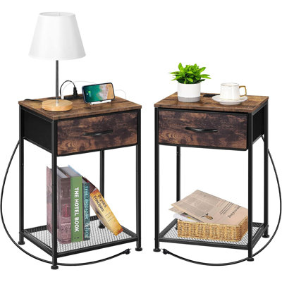 Table de chevet 2 tables de bout Ensemble de chambre à coucher 2 tables de chevet avec tiroirs en tissu Table de chevet industrielle avec station de charge
