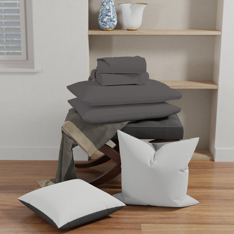  Ensemble de draps en mélange de coton, Gris foncé, Ensemble de draps pour lit double + drap-housse + 