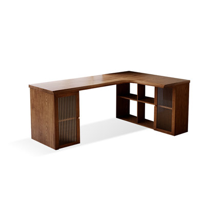 Bureau en bois massif en forme de L brun noisette