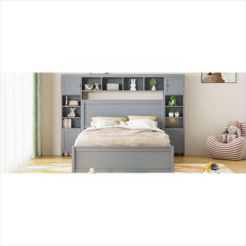 Lit en bois massif gris avec rangement intégré et grand lit avec prises de charge intégrées, Grey