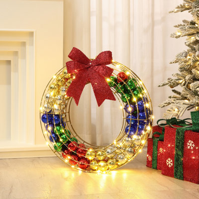 2Ft Round Ornament Wreath Outdoor Holiday Decoration with Lights