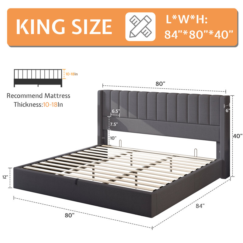 Lift Up Storage Bed Frame / Vertical Channel Tufted Headboard, King, Dark Gray