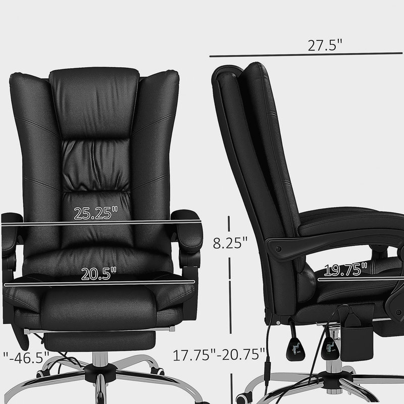 Chaise de bureau avec massage par vibration et fonction de chauffage, avec repose-pieds, noir