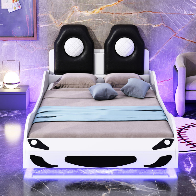 Led-Equipped Twin Race Car Style Bed With Comfortable Back Support, White Wood - Safe And Stylish Size Led Accent Lighting Upholstered Rest Modern Appeal