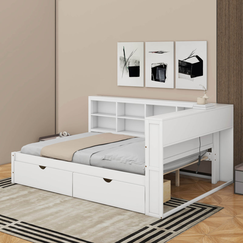 Lit de jour double avec tiroirs, tablette et port USB, Blanc