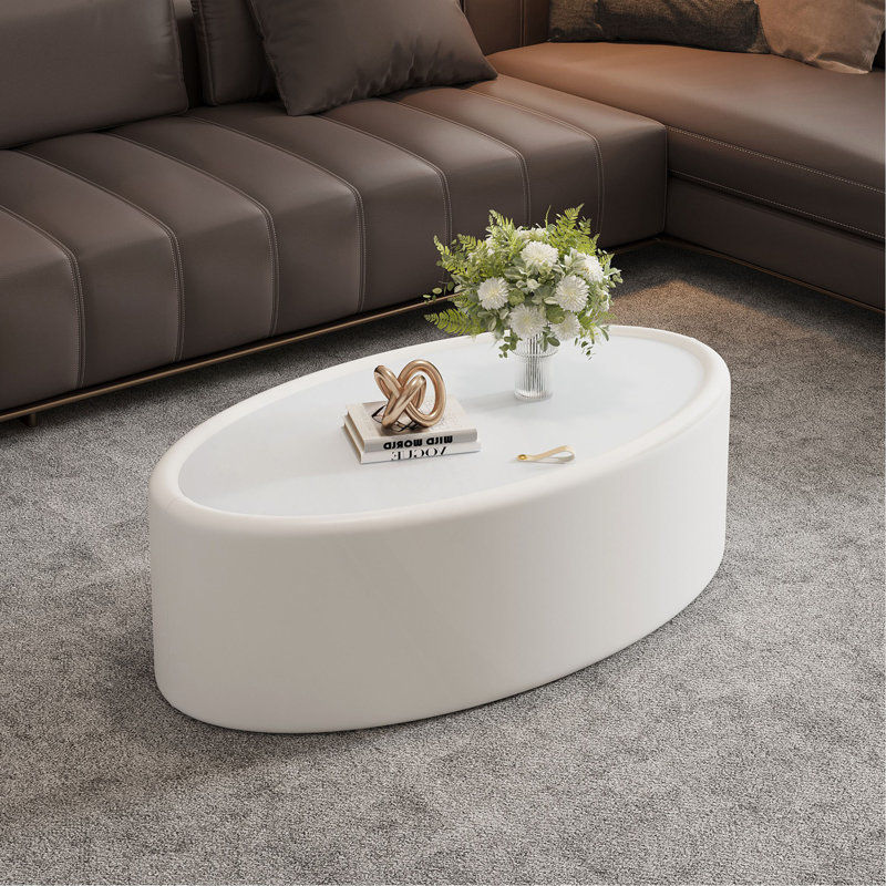 Table basse de rangement ovale cachée 33,46 po - Plateau en verre trempé certifié 3C et table basse de rangement blanche moderne en cuir de qualité supérieure pour le salon