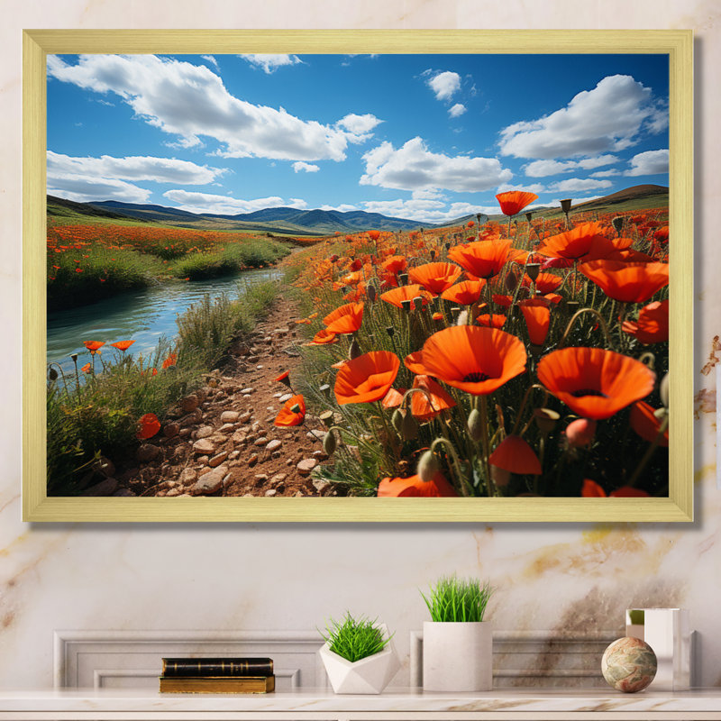 Kolette, Espagne, champs de coquelicots sur toile, H 12 po x l 20 po x P 1 po, Cadre doré à une seule photo