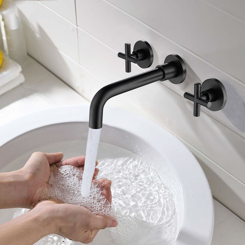 Robinet de salle de bain mural avec bonde, Avec ensemble de drain, Noir mat
