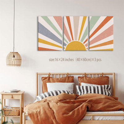 Boho Sun, reproduction d'art sur toile, ensemble de 3 arc-en-ciel, soleil levant sur une ligne d'horizon, décorations murales abstraites colorées, images pour salon, chambre d'enfant, chambre d'enfant - 16 x 24 po