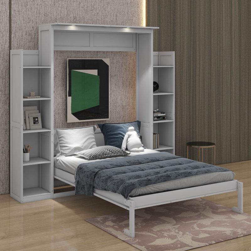 Lit escamotable double avec lumières DEL et tablettes, Blanc