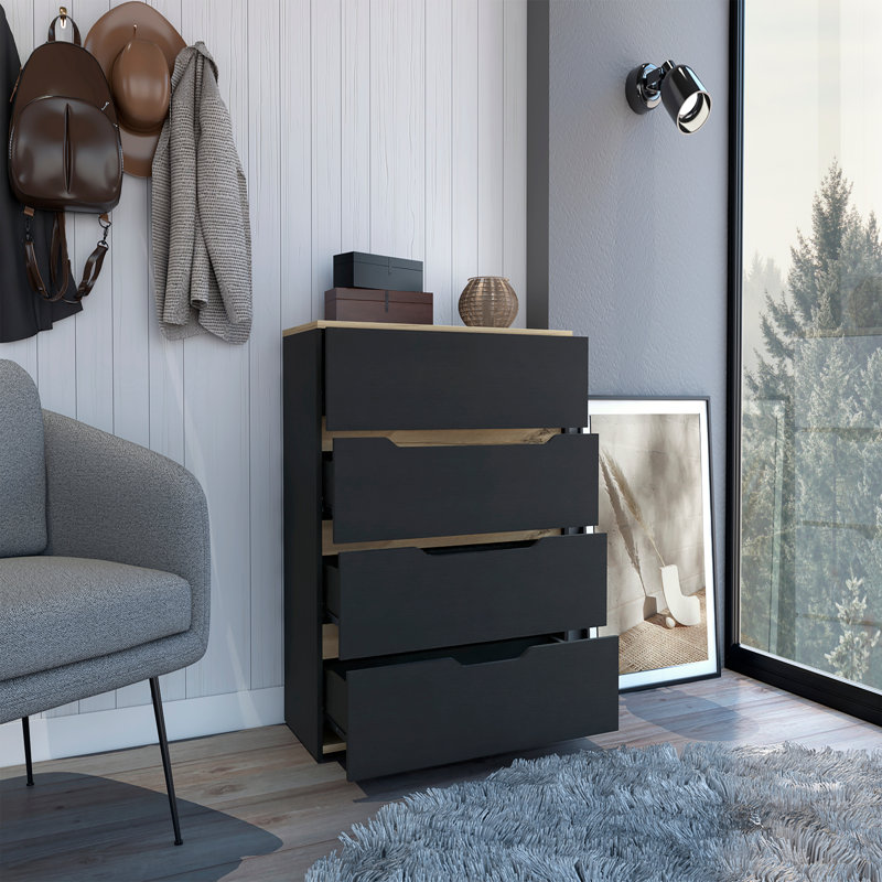 Commode hautbois, plateau supérieur, quatre tiroirs, Noir / chêne clair