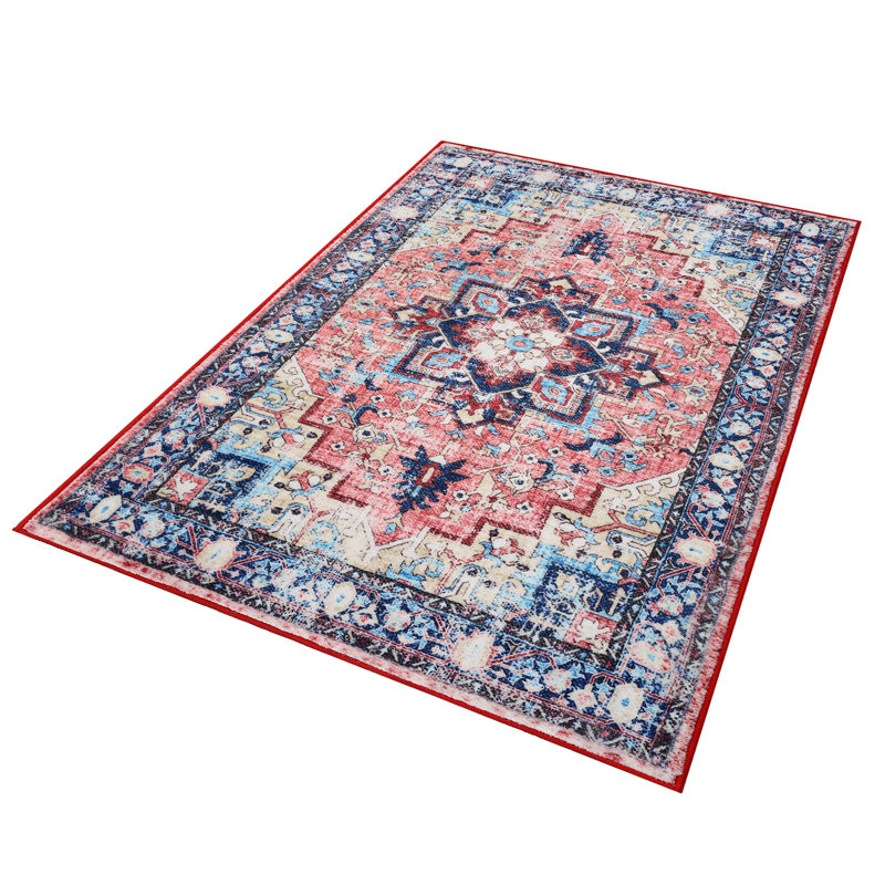 Washable Area Rug, Vintage Medallion Low Pile Non Slip Foldable Pearl Velvet Indoor Carpet, Light Red Tone, 3'x5'