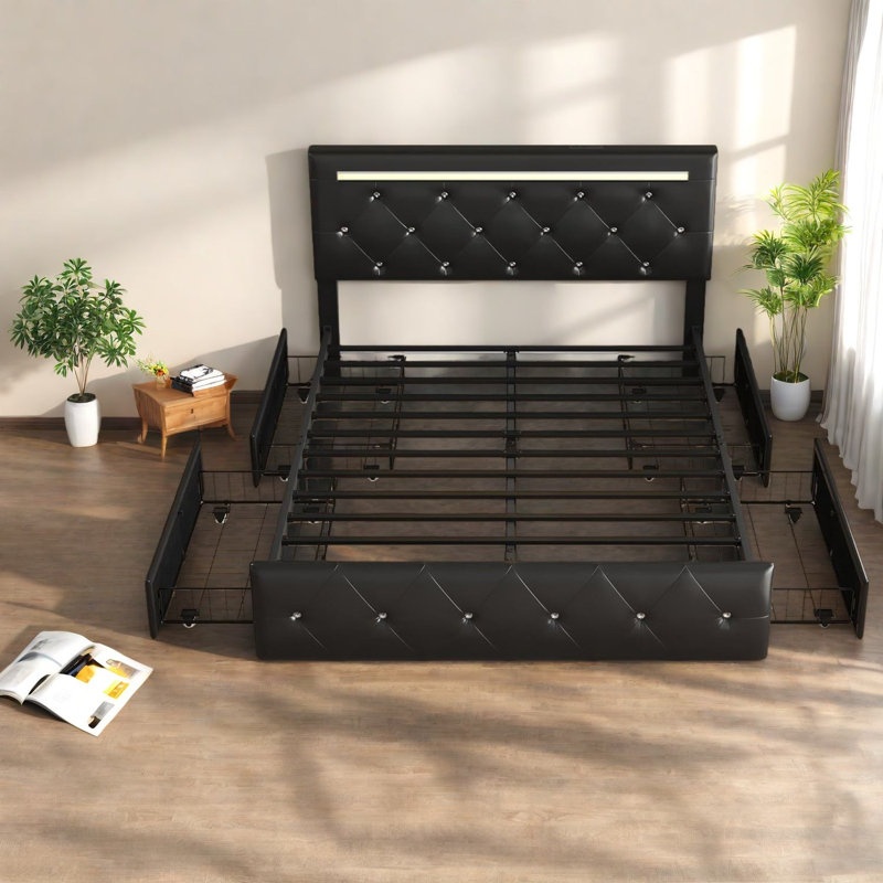 Lit spacieux en polyuréthane noir avec DEL, rangement, style moderne pour la maison