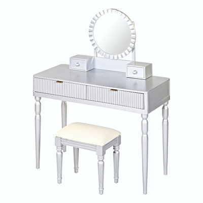 Luxury Vanity Desk With Round Mirror,Height-Adjustable, Stylish Dressing Table Set, 4 Drawers & Stool, Silver