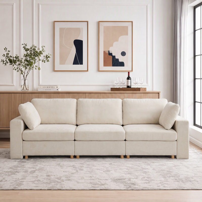 Upholstered Sofa with Storage, Solid Wood Legs and 2 Pillows, Beige Chenille, 3