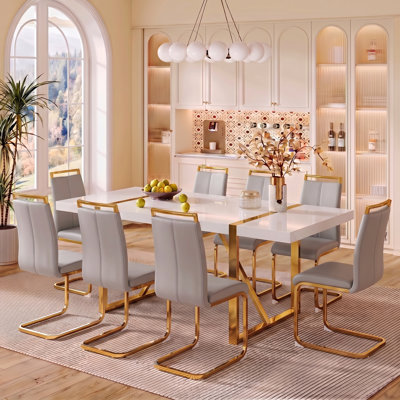 9-Piece Modern Glam Rectangular High-Gloss Dining Table Set with Faux Leather Cantilever Chairs