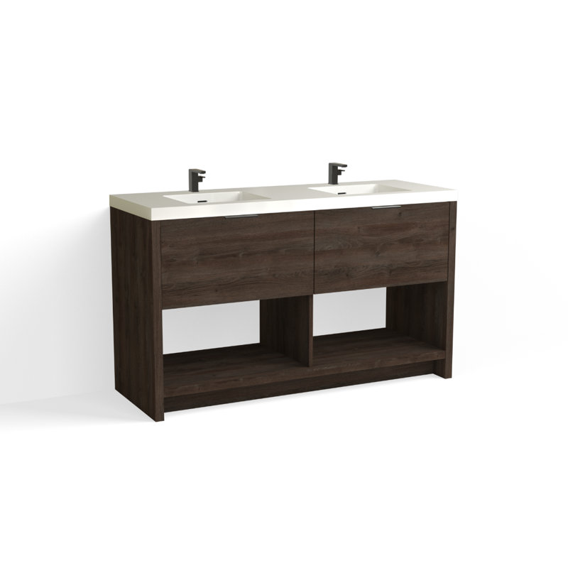 Vista 60" W Freestanding Double Bathroom Vanity, White Gloss, Single-Hole, White Nanomatte/Matte Black