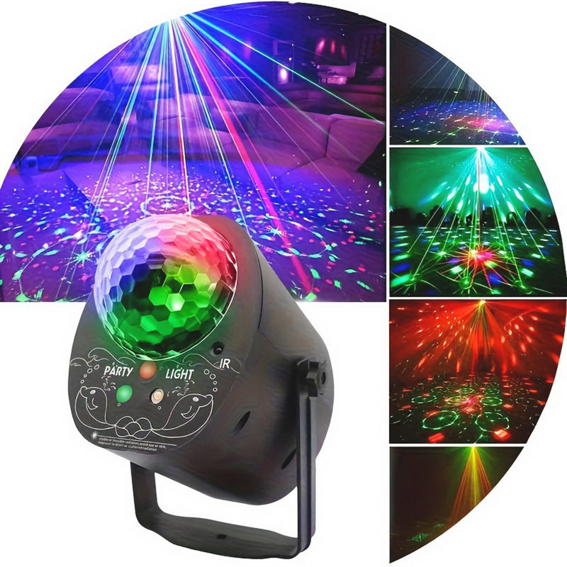 Projecteur 3-en-1 avec boule disco, double laser et lumière noire UV activée par le son