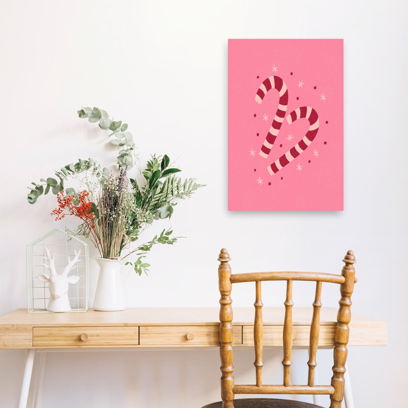 Festive Pink Candy Canes Abstract Contemporary Winter Landscape Wall Art Print 1 Piece Wrapped Canvas Wall Art