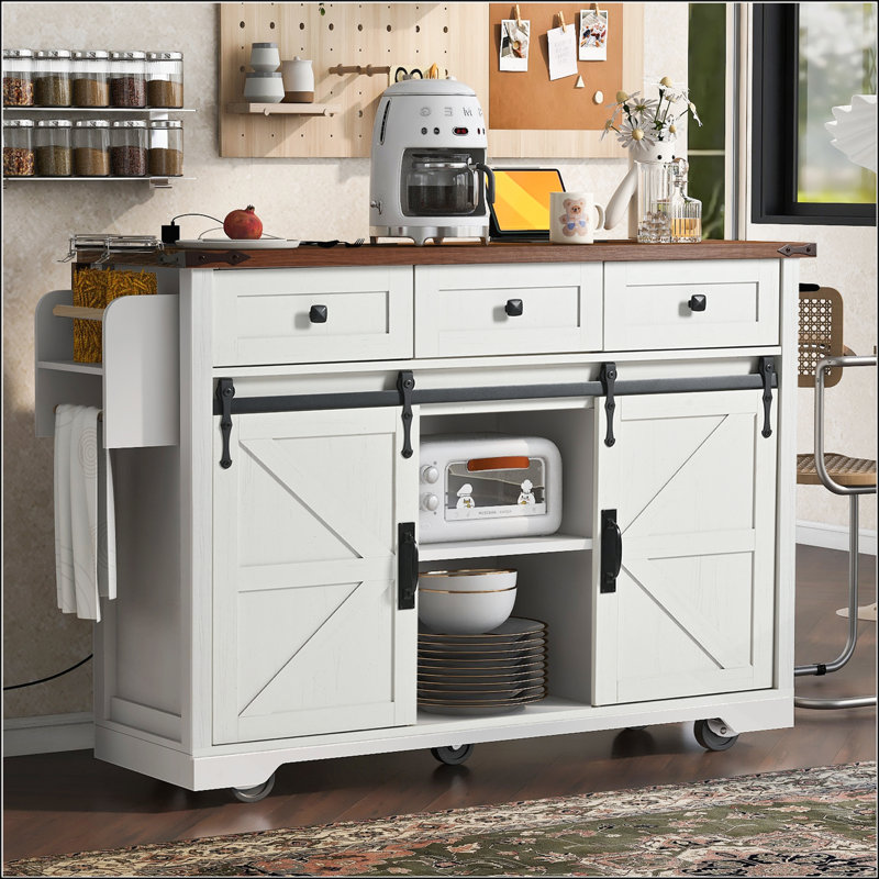 53.7 Farmhouse Kitchen Island with Power Outlet, Sliding Barn Doors, and Drop Leaf for Efficient Storage and Mobility, White