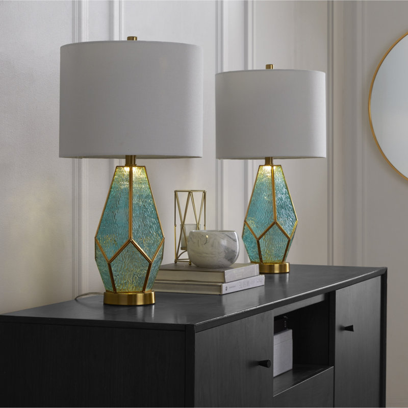 Lampe de table contemporaine, Verre, lin, métal, Or, turquoise, blanc, H 24,75 po x l 13 po x P 13 po