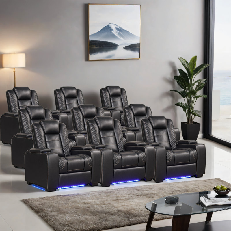 39'' Adjustable Headrest Power Recliner Man Cave Home Theater Chair With Cup Holders USB LED (Set of 9), Black