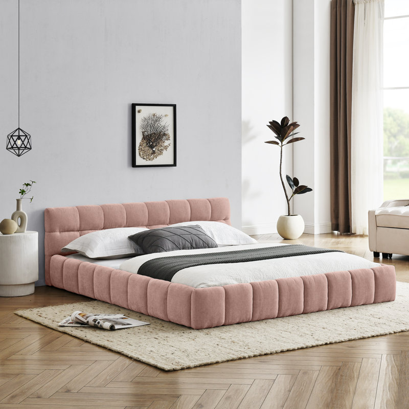 Grand lit plateforme en tissu de chenille avec tête de lit Roomfitter, Rose