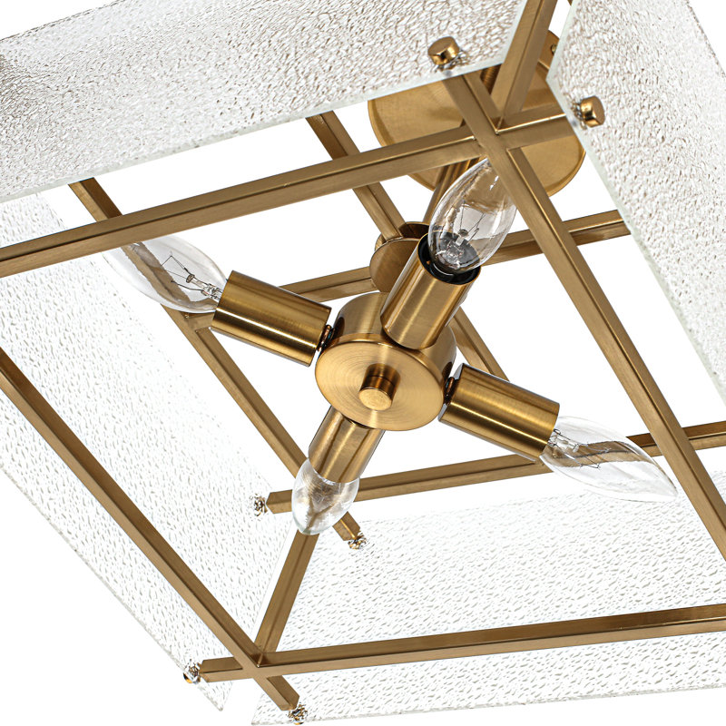 Plafonnier semi-encastré géométrique en verre 4 lumières, Or brossé