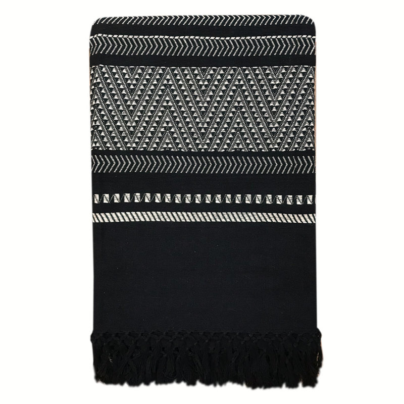 Fibre by Auskin Bohemian Cotton Throw Tribal Pattern Indoor Use 87" L, 53" W x 87" L, Black