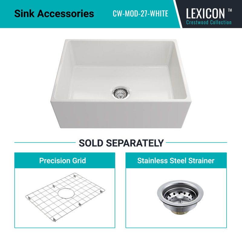 27"x19" Crestwood Farmhouse Sink, White Fireclay Kitchen sink, Single Bowl Apron Front, Plain Farm sink, White