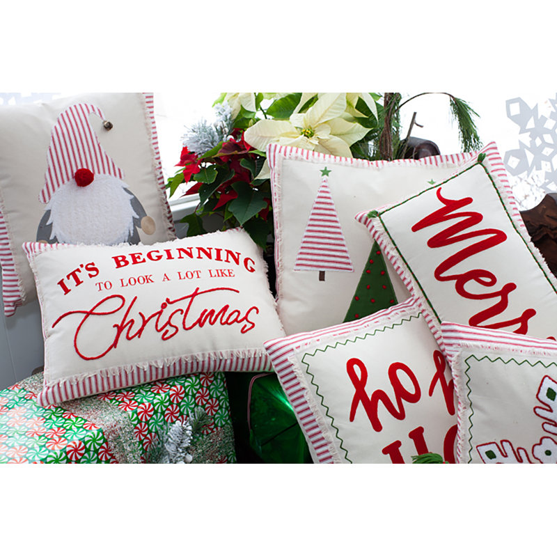 Festive Gnome Embroidered Cotton Square Throw Pillow