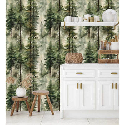  Forest Peel and Stick Wallpaper Tree Wall Paper Wood Removable for Bedroom Green Contact Paper 17.3in x 32.8ft
