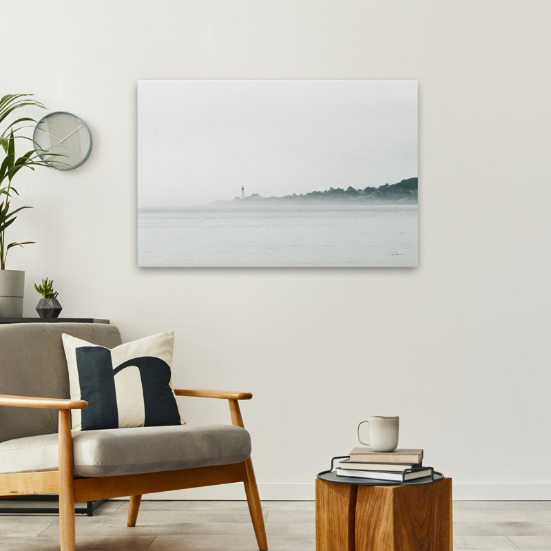 Phare brumeux côtier; Nautique noir noir et blanc gris bord de mer brumeux, H 36 po x l 24 po