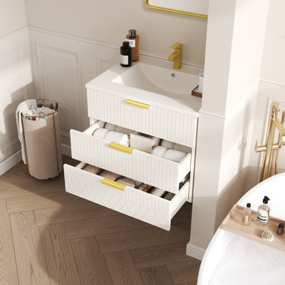 Armoire flottante murale moderne avec tiroir double, petit lavabo de salle de bain rectangulaire flottant avec trou de robinet simple et trop-plein, armoire de salle de bain moderne avec lavabo en céramique
