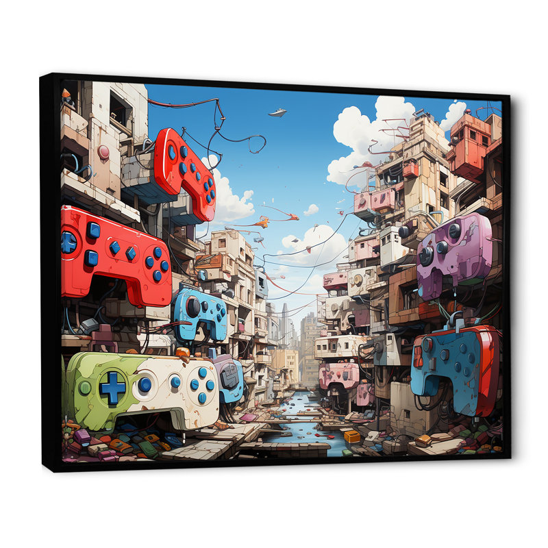 Pop Gaming Controllers Dreamscape - Art mural de jeux vidéo, Cadre flottant noir, H 30 po x l 40 po x P 1,5 po