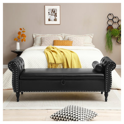 63" Black PU Upholstered Flip-Top Storage Bench with Safety Hinge, Button Tufted Ottoman with Solid Wood Legs and Nailhead Trim
