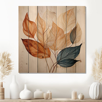 «Copper Leafy Abstractions - Leaves Wood», art mural sur bois de pin naturel