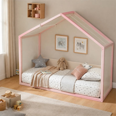 Lit simple à baldaquin rose avec panneaux latéraux rembourrés en velours Canopée en lin respirant Doux lit plateforme moderne avec lit plateforme facile à assembler pour la chambre à coucher