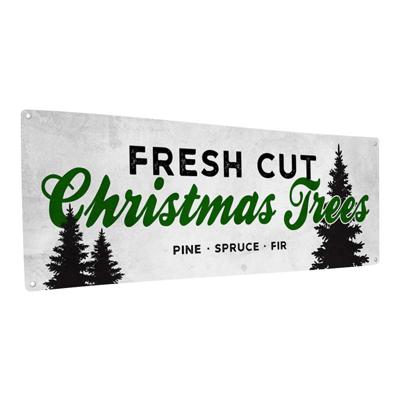 Plaque noire en métal avec arbres de Noël fraîchement coupés, H 4,25 po x l 11,5 po x P 0,04 po, Blanc/vert