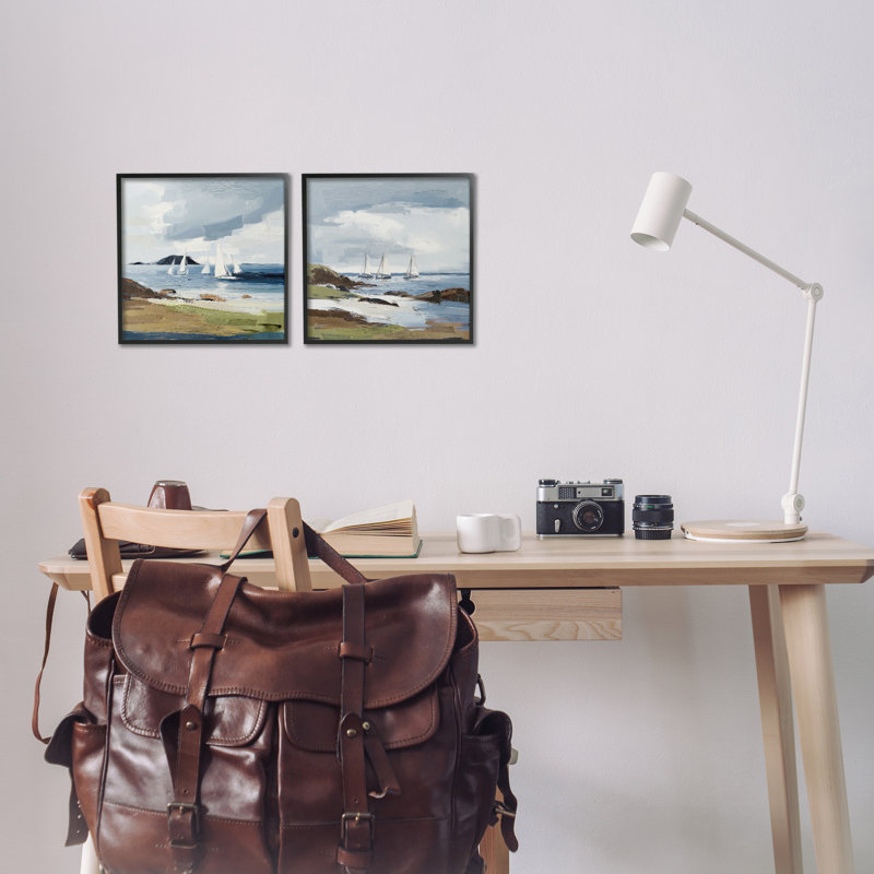 «Nautical Sea Vessels Beach View», ensemble de 2 impressions sur toile encadrées, design par Elara Yasna, H 12 po x l 24 po